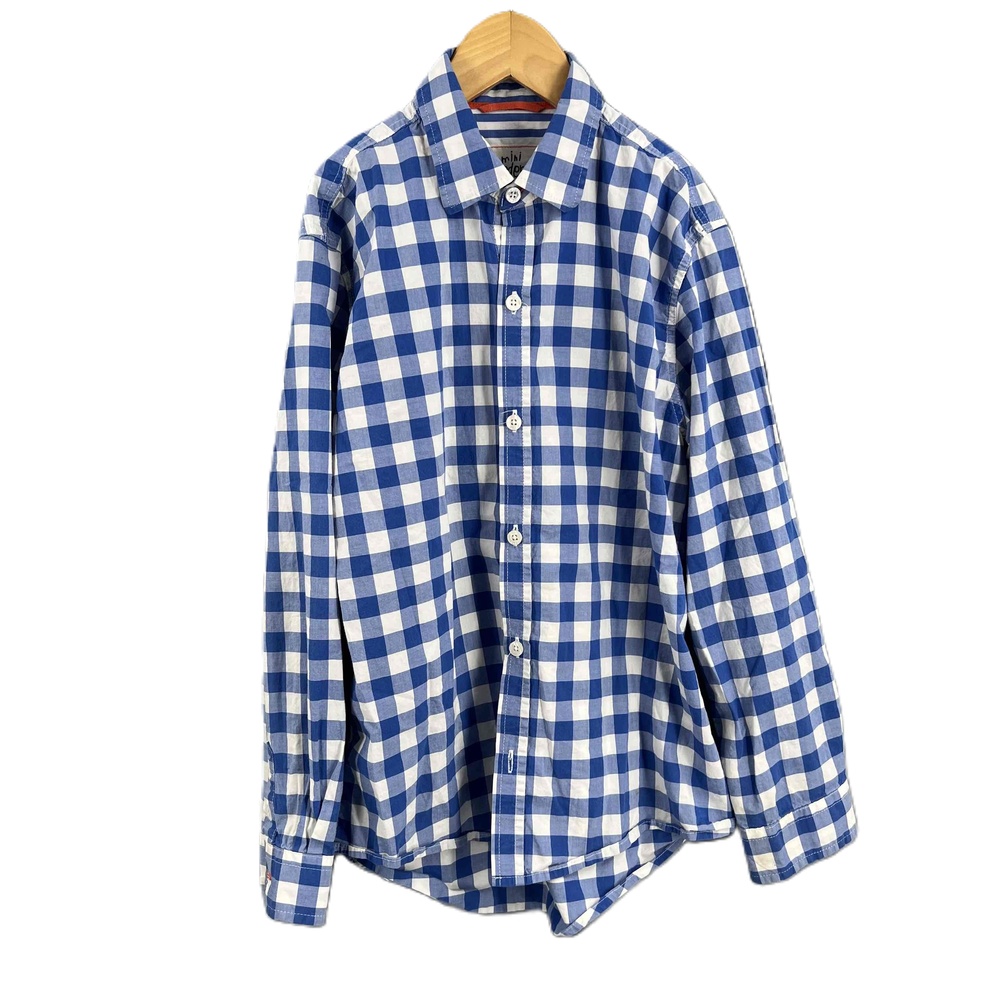Mini Boden Blue White Long Sleeve Checkered Button Up Shirt Boys 9-10